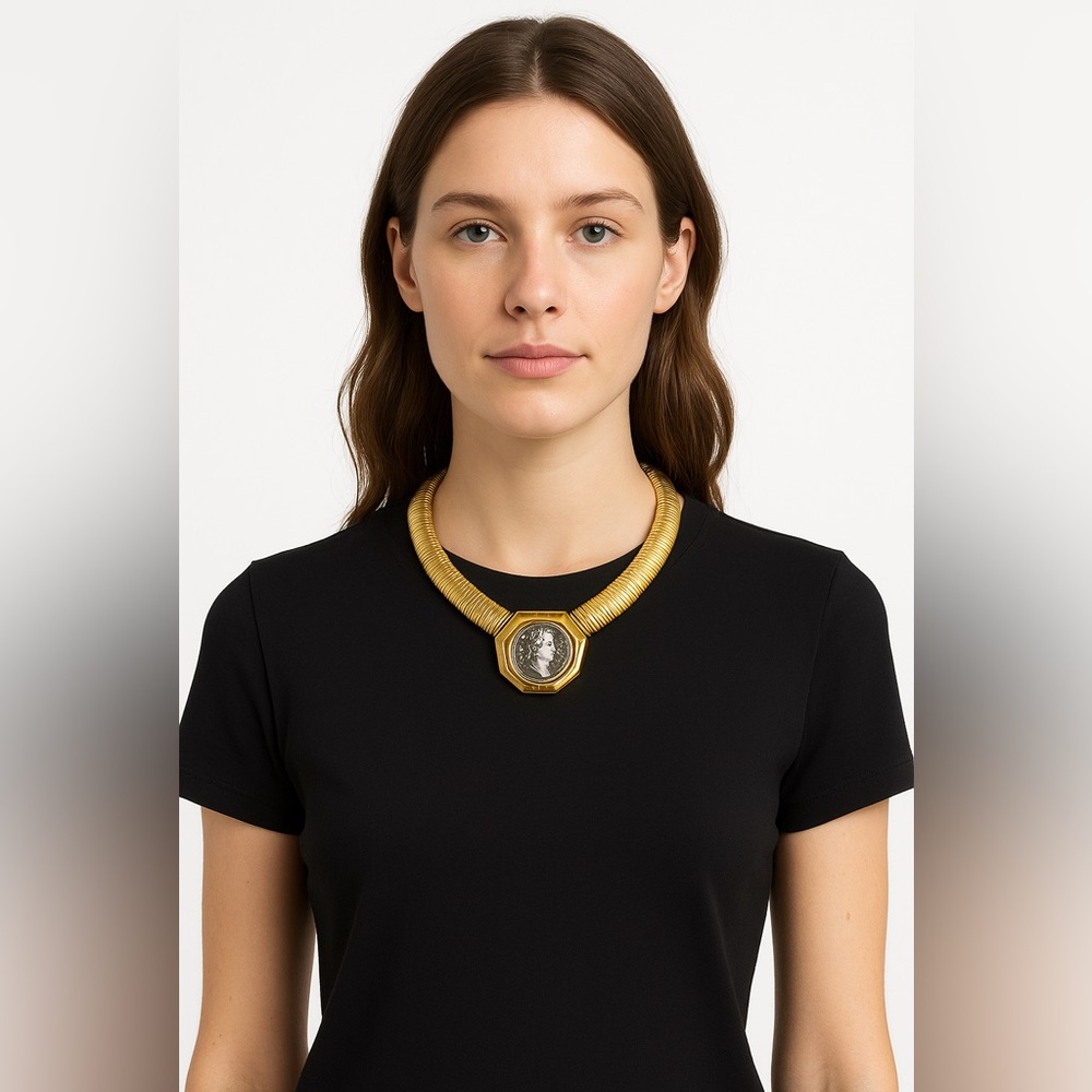 Vintage Kenneth Lane Gold Omega Link Chain Silver Coin Collar Choker Necklace